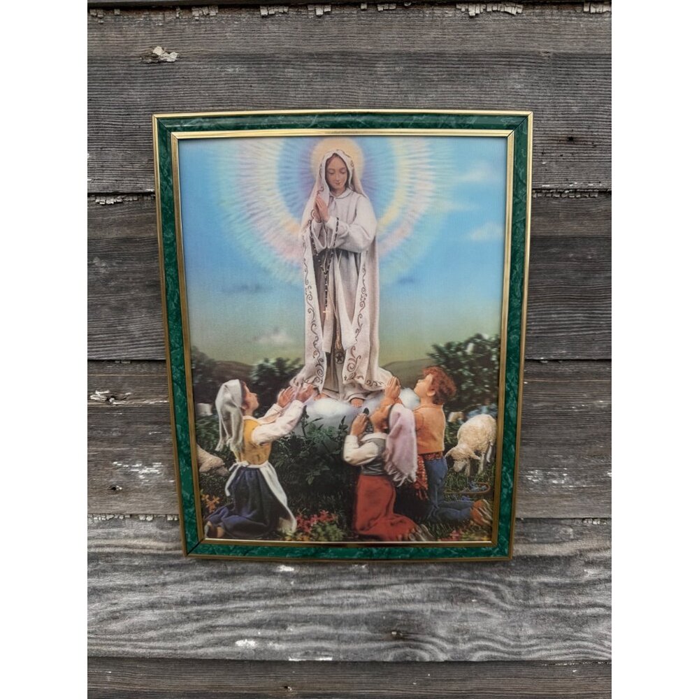 Vintage 70's Lenticular 3D Hologram Framed Mary Children Religious Picture